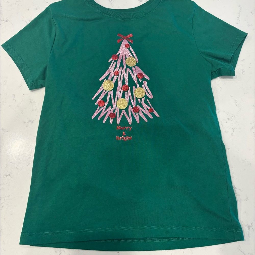 Holiday Time Green Kids Short-Sleeve Tee with Glitter Tree - Girls size 10